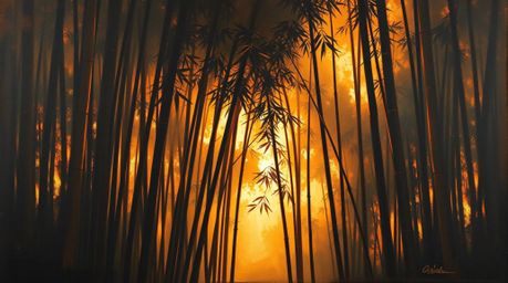 This artwork captures the serene beauty of a bamboo forest bathed in the warm glow of a sunset. The classic oil painting tech