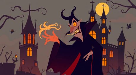 A captivating illustration depicts a classic Disney villain casting a spell within a stylized old castle. The artwork boasts