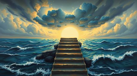 This classic oil painting depicts a dramatic staircase ascending from the ocean towards a stormy sky illuminated by a divine 