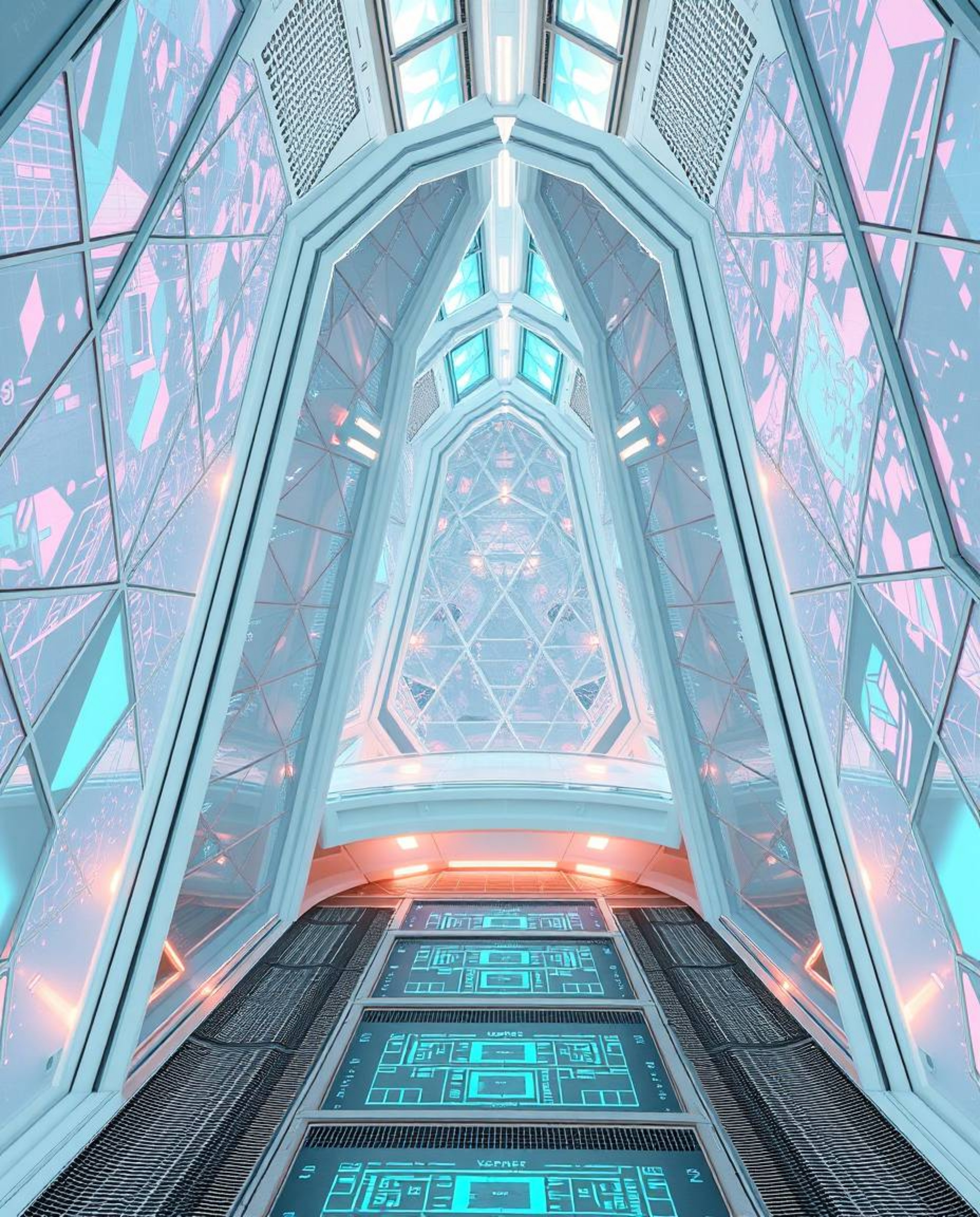 Explore a captivating architectural color photograph showcasing a futuristic digital interface. The image features intricate 