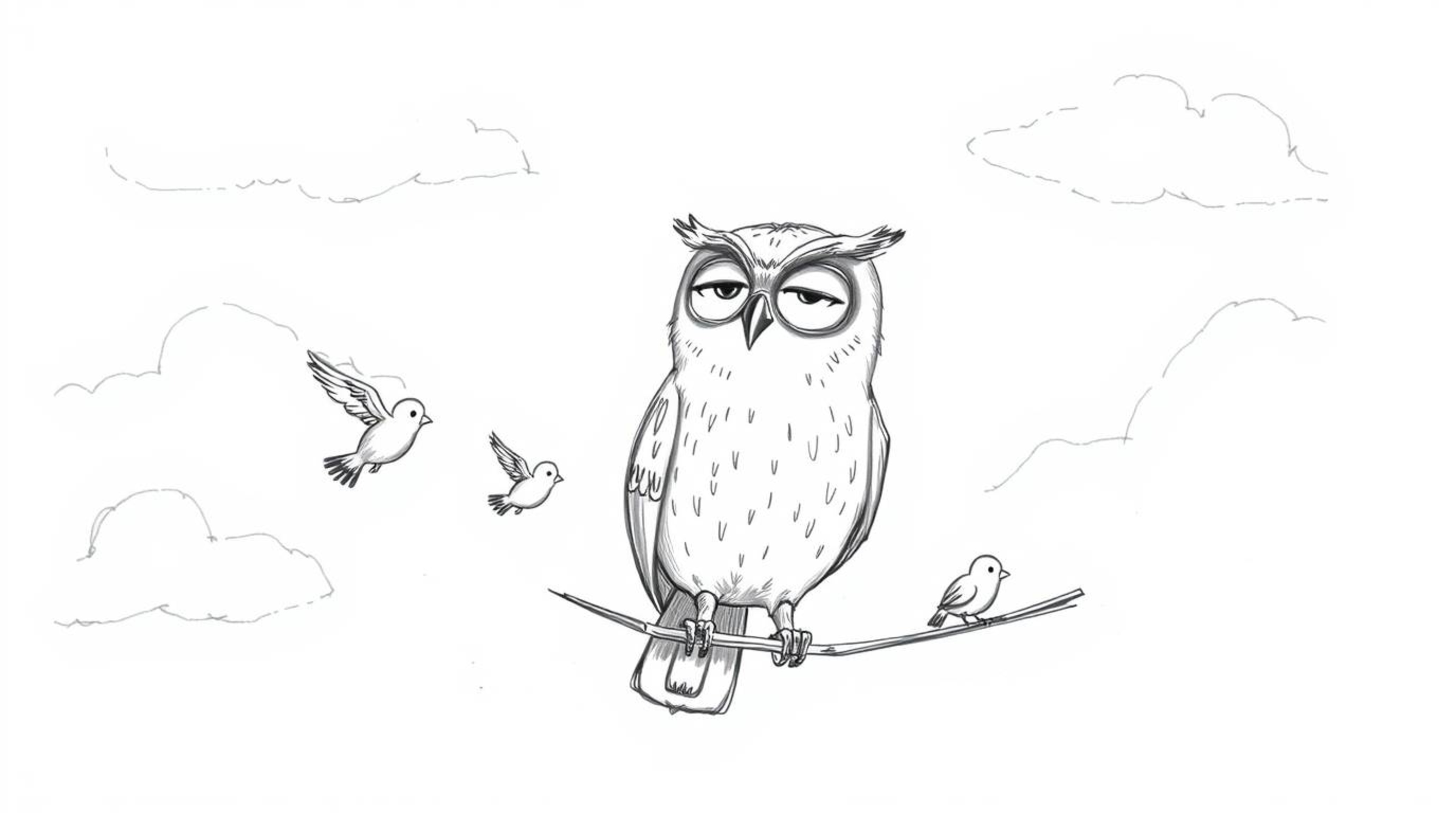 A heartwarming hand-drawn sketch reminiscent of Pixar's animation style depicts a gentle, blind owl leading a flock of small 