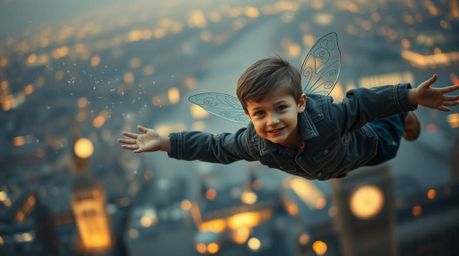Witness a magical scene of a young boy soaring above London, propelled by pixie dust.  The image is captured in sharp focus w