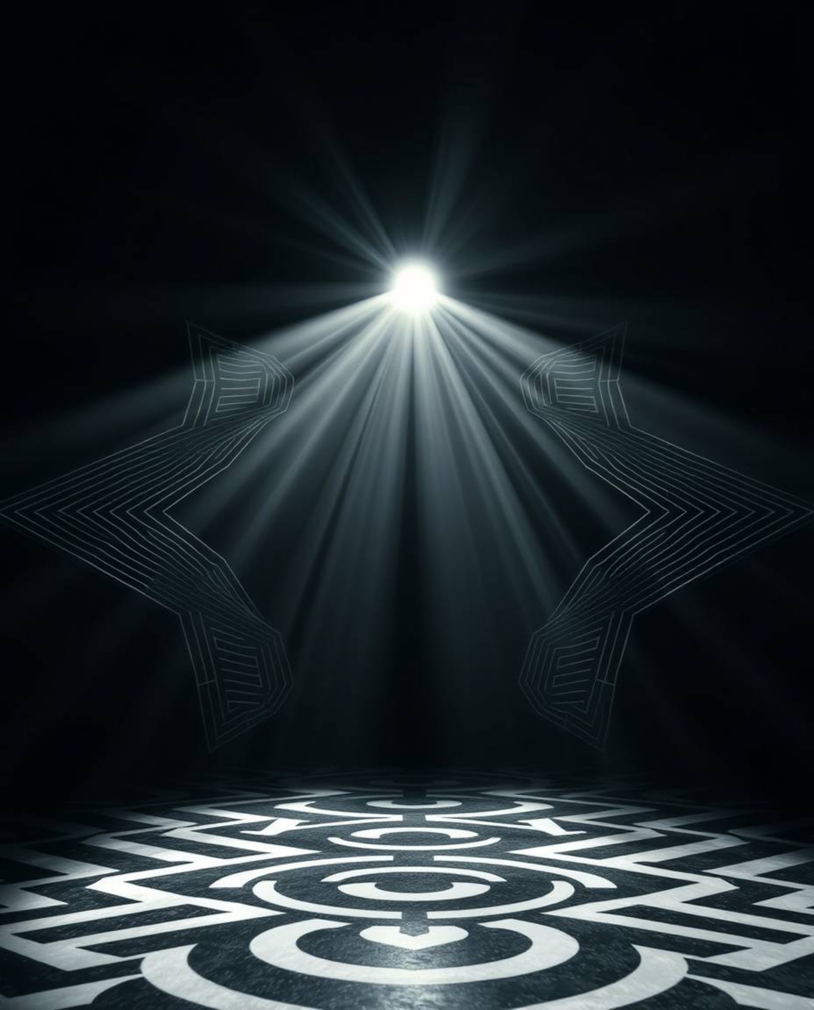 This striking black and white geometric pattern employs optical illusions to create a mesmerizing and ethereal experience. Th