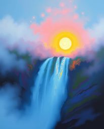 This is a painting of a sun setting behind a dramatic waterfall, where the scene is enveloped in thick fog, creating an atmos