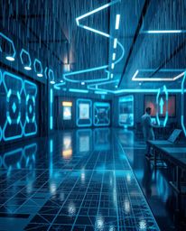 Experience a mesmerizing fusion of nature and technology with this wet, rainy scene featuring a futuristic digital interface.