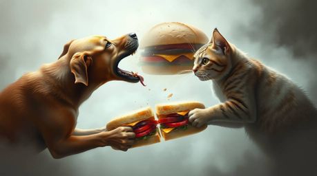 A captivating digital painting depicts a dramatic scene of a dog and cat fiercely battling over a colossal sandwich.  The ima