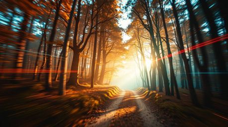 A thrilling chase scene unfolds through a mesmerizing looping forest backdrop.  Rendered in a captivating blend of warm terra