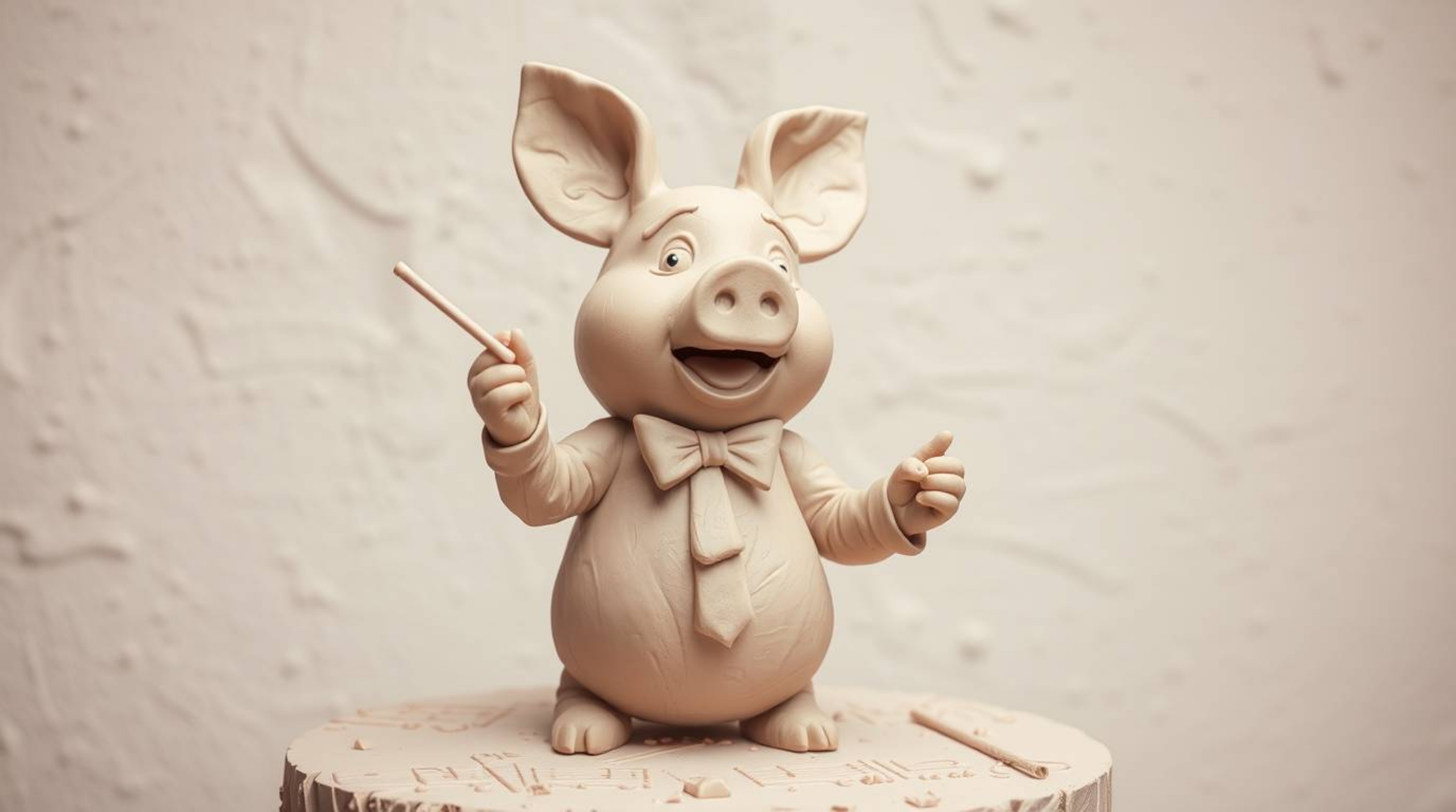 A whimsical clay sculpture depicts a pig character dramatically conducting an orchestra.  The artwork showcases a textured su
