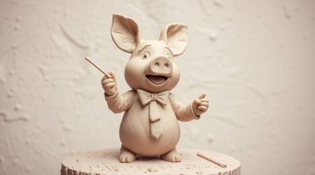 A whimsical clay sculpture depicts a pig character dramatically conducting an orchestra.  The artwork showcases a textured su