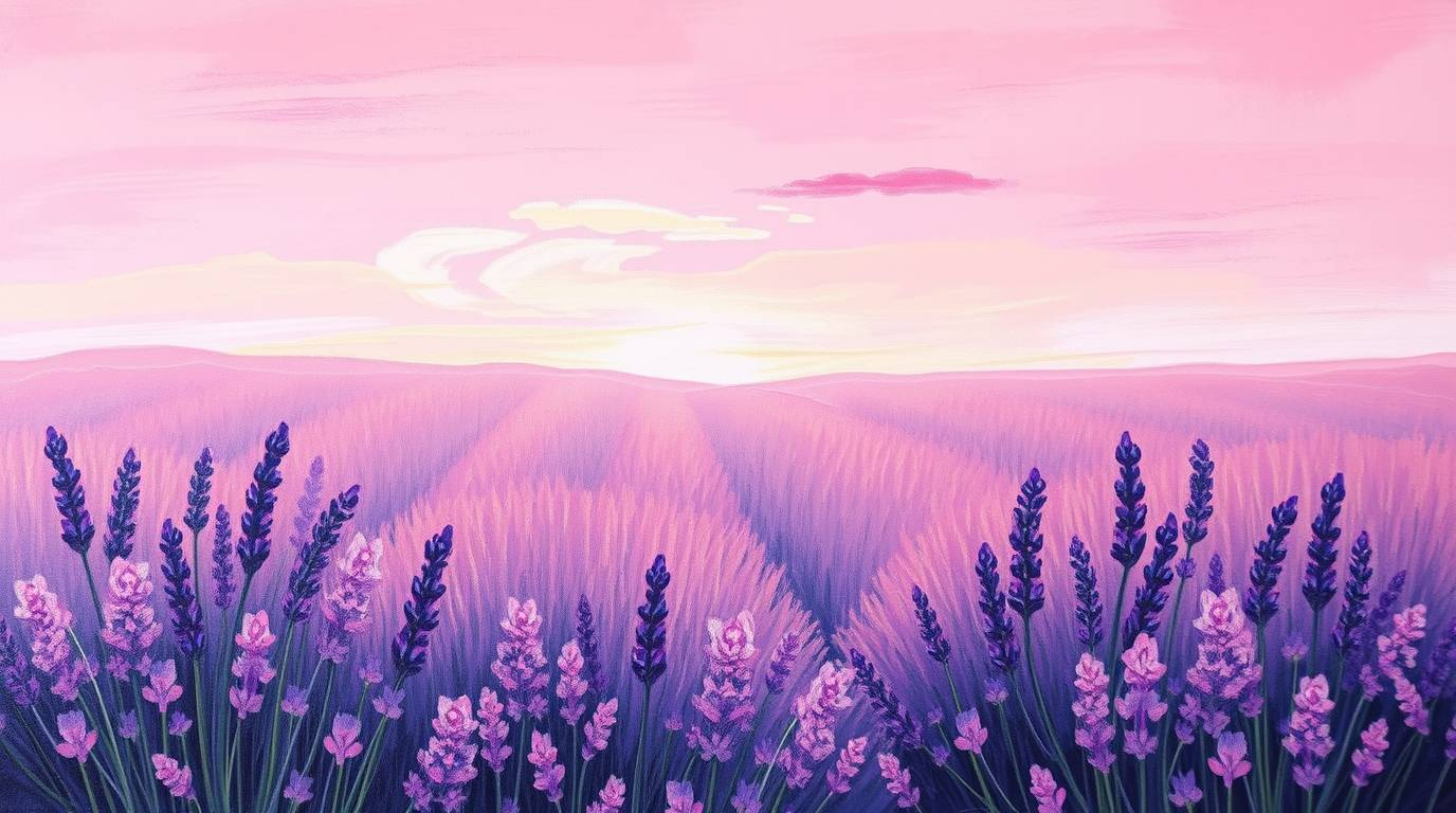 A captivating acrylic painting showcasing vibrant lavender fields basking under a dreamy pink sky. The artwork utilizes soft 