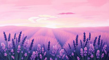 A captivating acrylic painting showcasing vibrant lavender fields basking under a dreamy pink sky. The artwork utilizes soft 