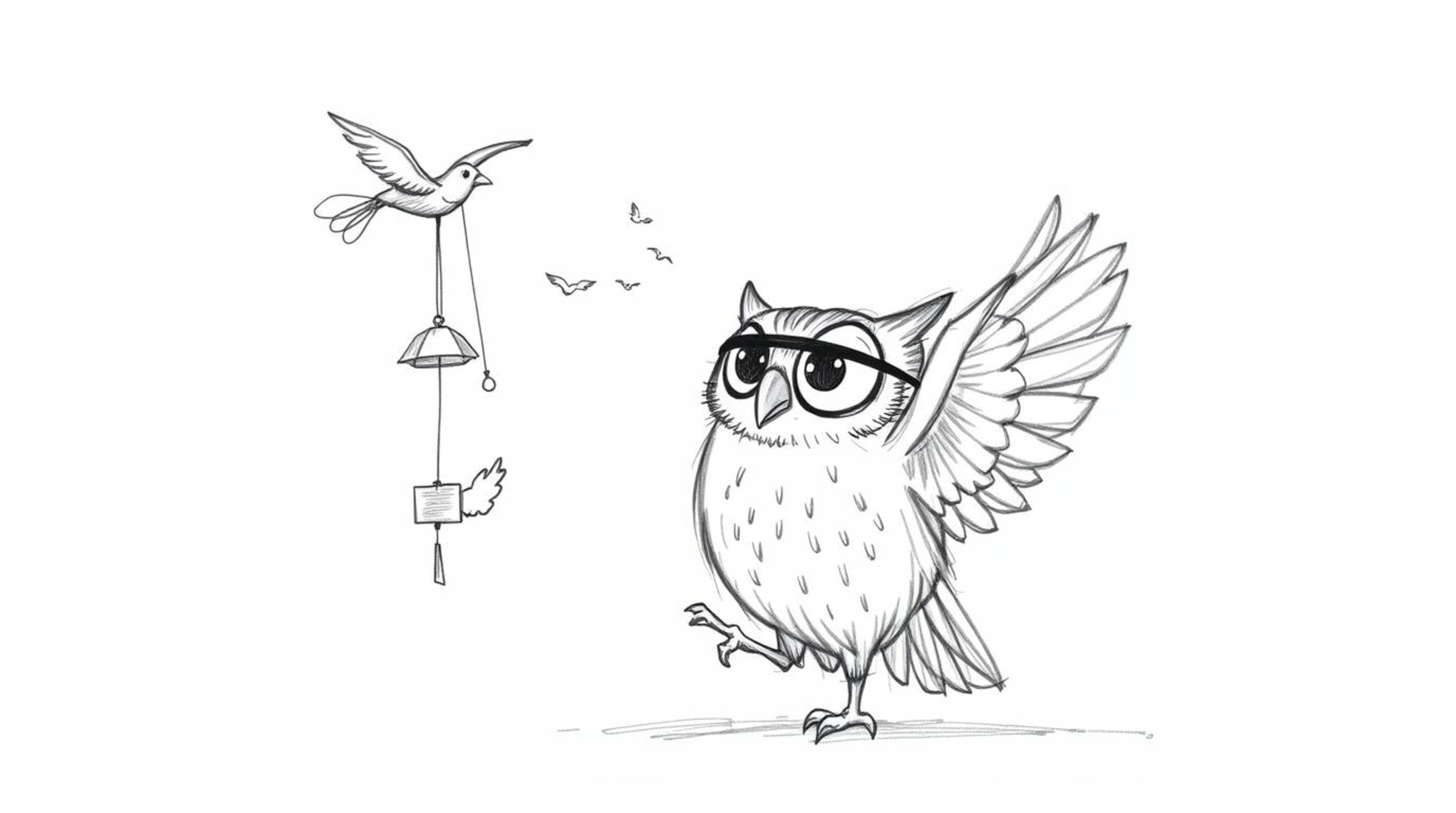 A whimsical hand-drawn sketch in the style of Pixar depicts a wise, blind owl with expressive features teaching birds to fly.
