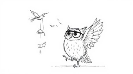 A whimsical hand-drawn sketch in the style of Pixar depicts a wise, blind owl with expressive features teaching birds to fly.