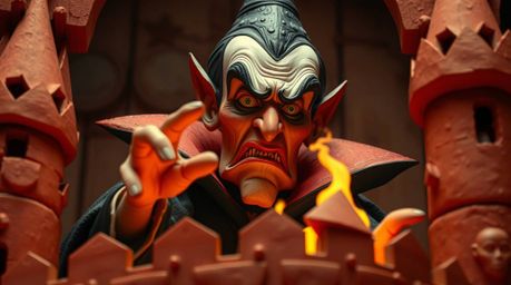 A classic Disney villain, richly textured and detailed, casts a spell within a whimsical papier-mâché castle. The cinematic