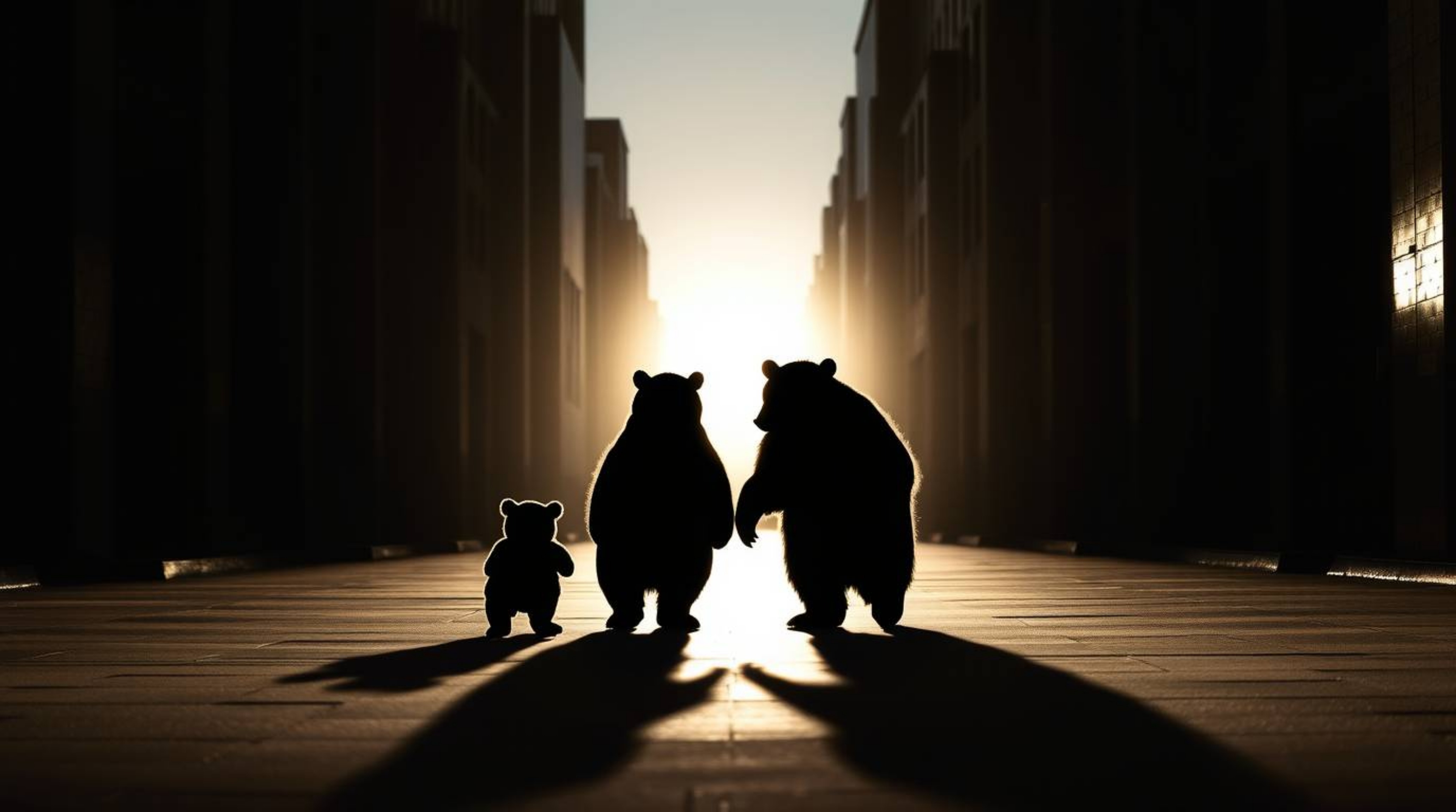 A captivating scene unfolds, depicting a silhouetted bear family embarking on an urban adventure. Distinct split lighting cre
