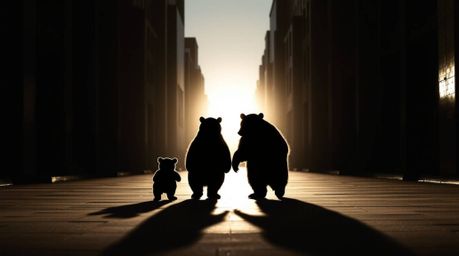 A captivating scene unfolds, depicting a silhouetted bear family embarking on an urban adventure. Distinct split lighting cre