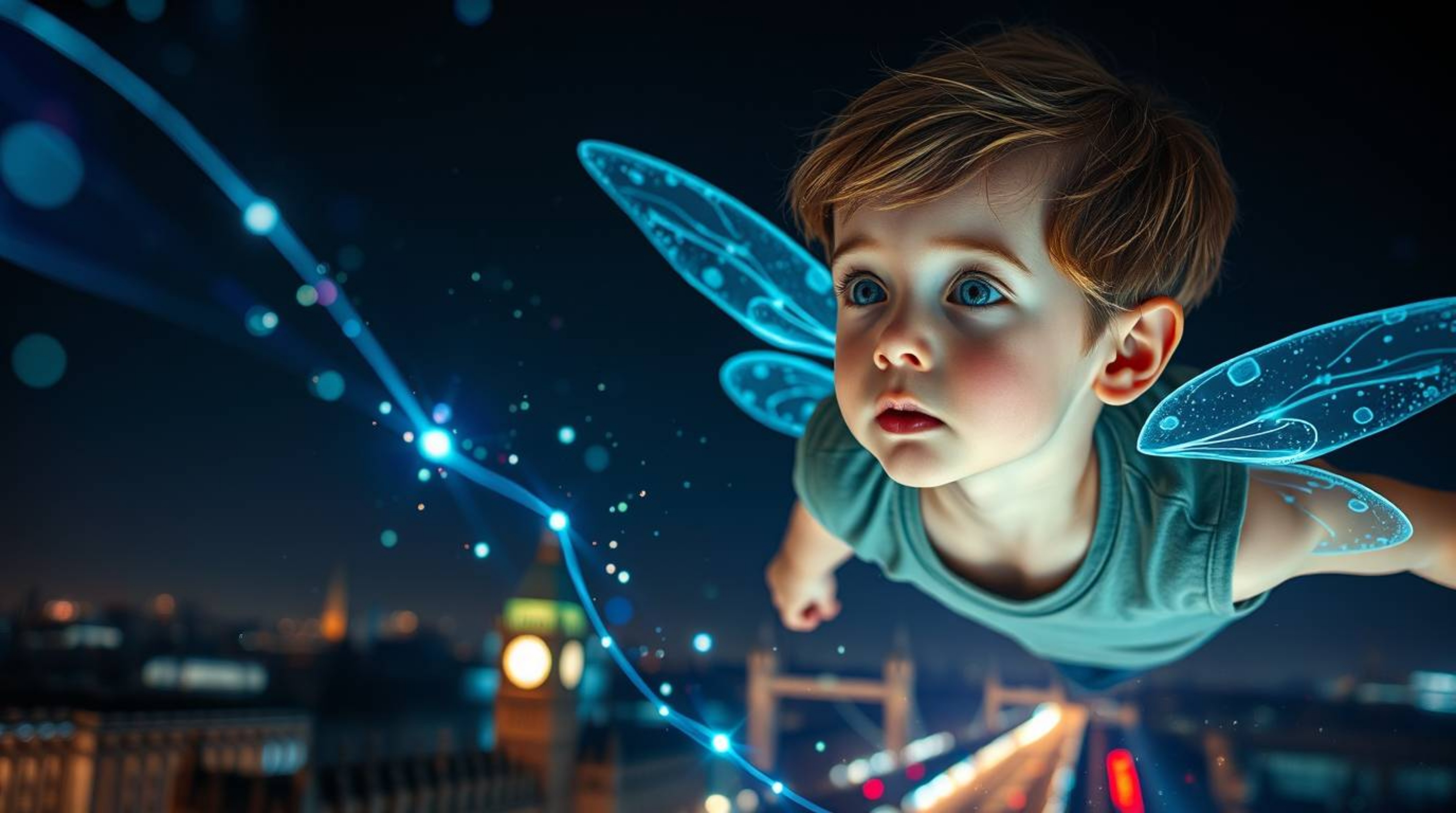 A captivating image of a young boy with delicate features, soaring above the London skyline with shimmering pixie dust.  The 