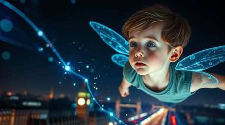A captivating image of a young boy with delicate features, soaring above the London skyline with shimmering pixie dust.  The 