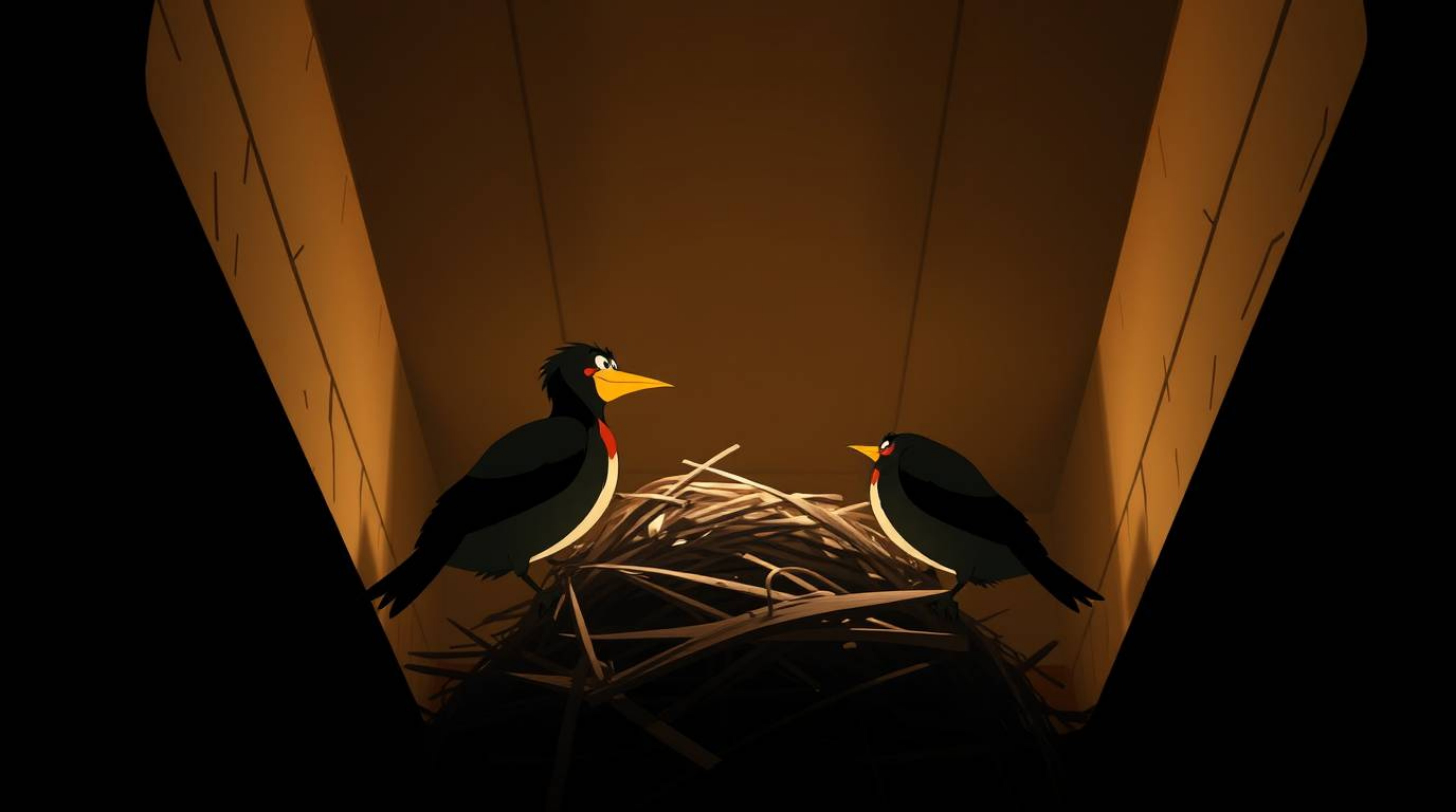 A captivating illustration showcases two cartoon birds diligently constructing a nest.  Rendered in a classic animation style