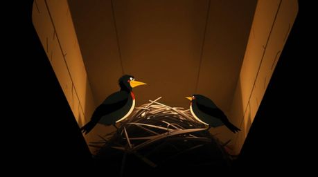 A captivating illustration showcases two cartoon birds diligently constructing a nest. Rendered in a classic animation style