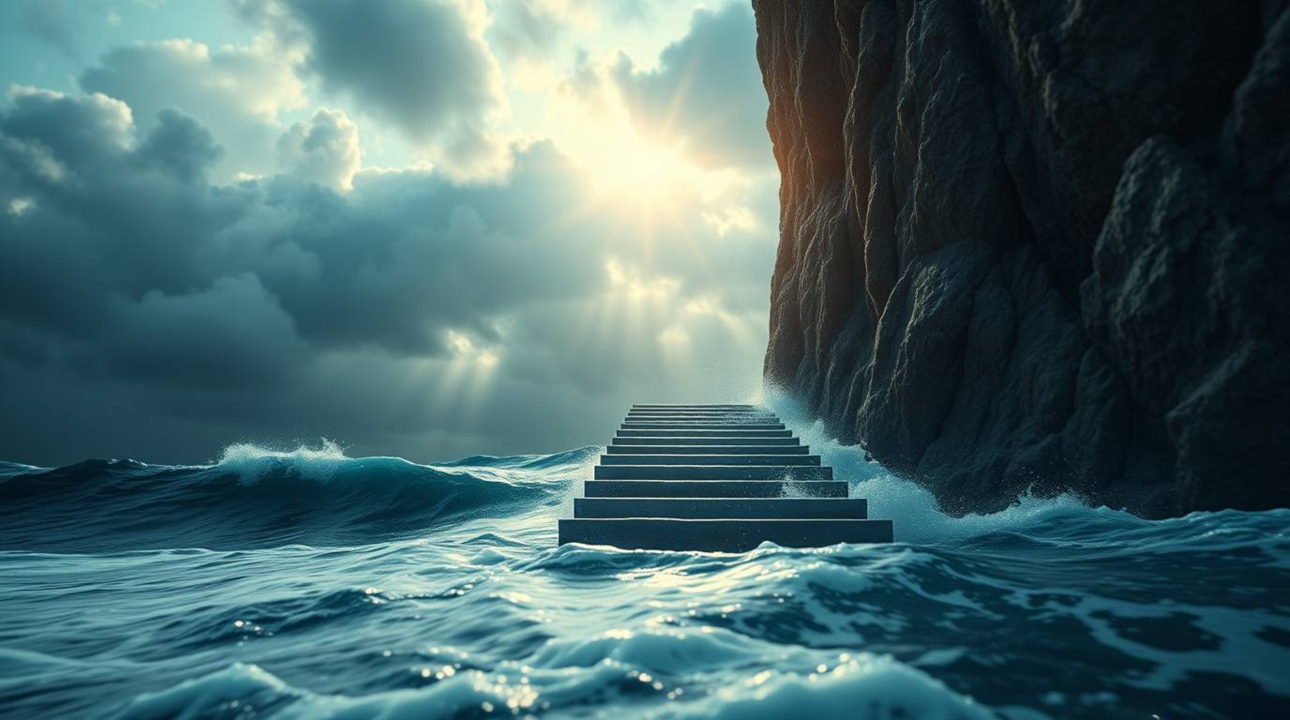 A dramatic ocean staircase rising into a stormy, sunburst-lit sky is depicted in this soft pastel artwork. The image features