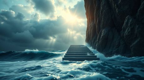 A dramatic ocean staircase rising into a stormy, sunburst-lit sky is depicted in this soft pastel artwork. The image features