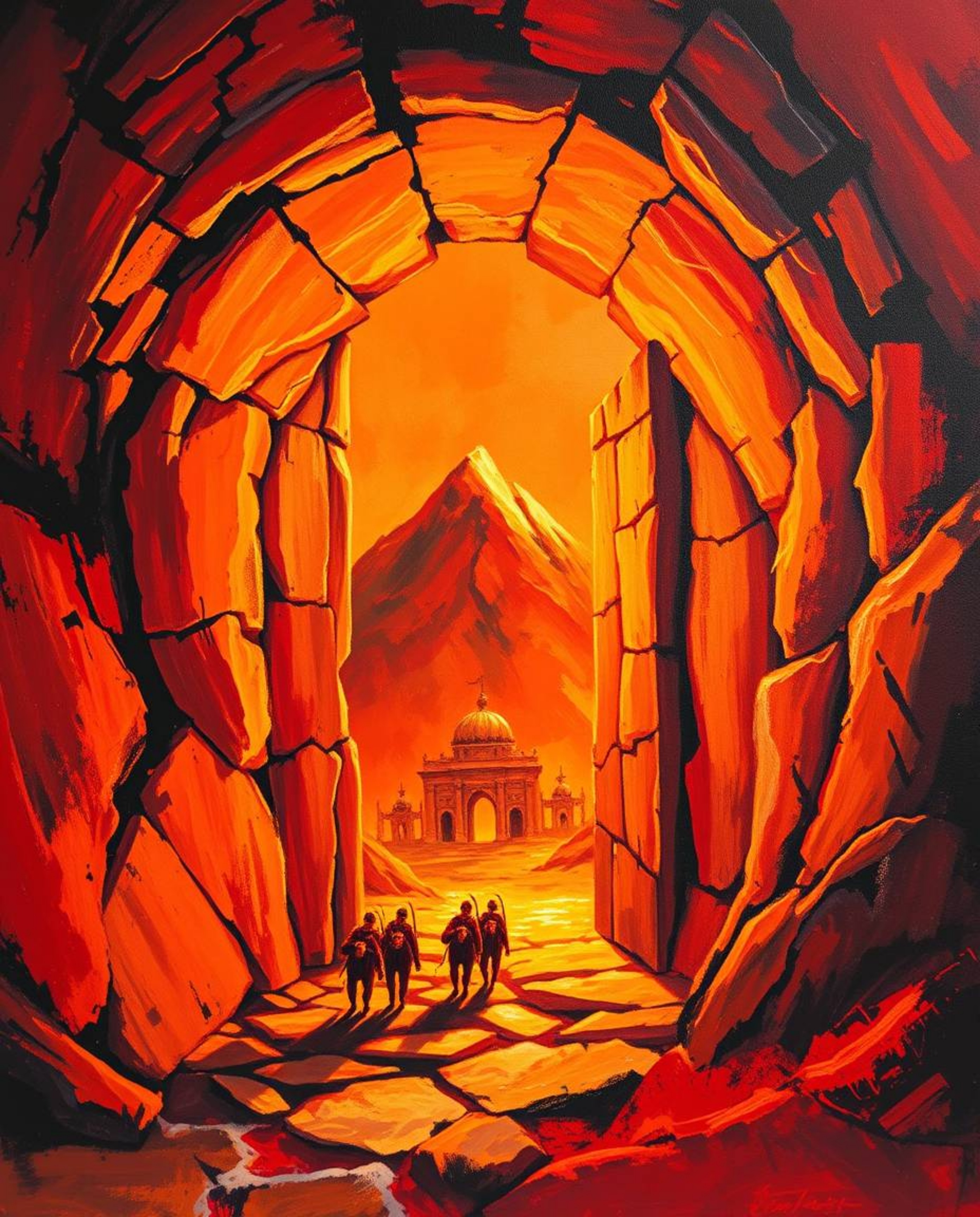 A warm and bold acrylic painting depicting an ancient doorway glowing with runes embedded in the side of a mountain. The artw