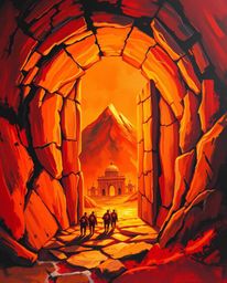A warm and bold acrylic painting depicting an ancient doorway glowing with runes embedded in the side of a mountain. The artw