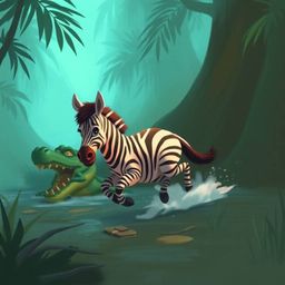 A dynamic digital sketch portrays a 3D cartoon zebra's daring escape from a crocodile in a misty jungle. Characterized by loo