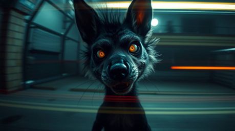 A captivating long-exposure photograph showcases a sarcastic animal sidekick with expressive, glowing eyes, set against an ee