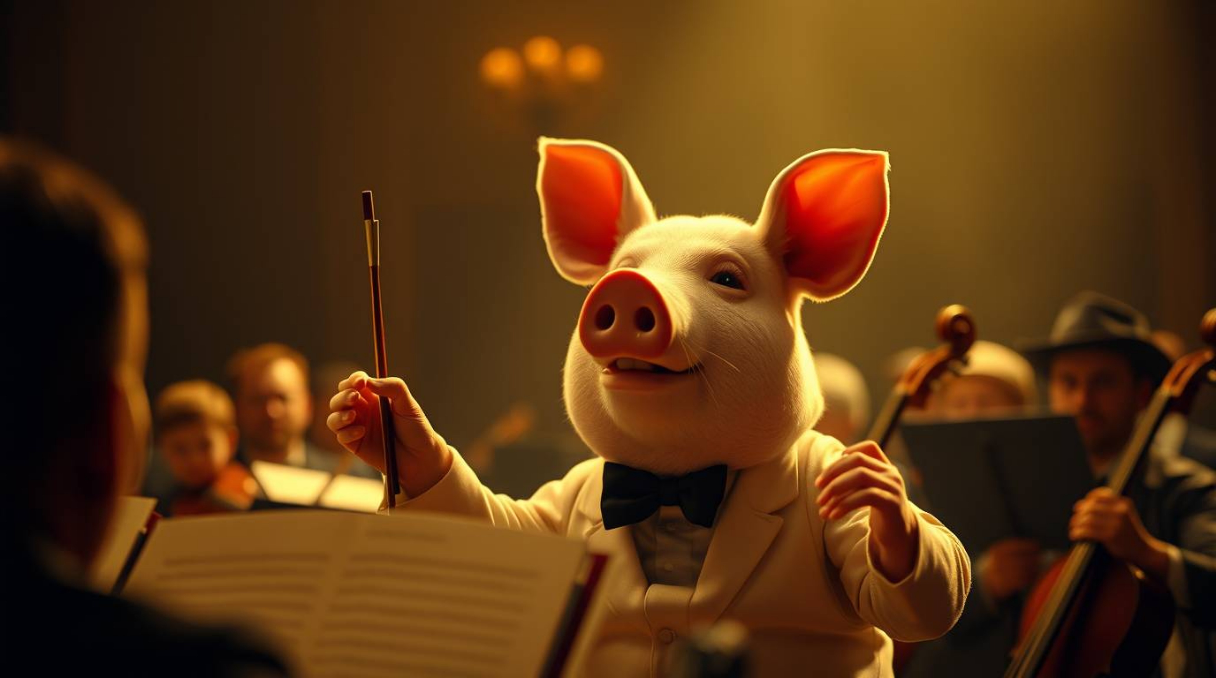 A dramatic, cinematic fine art photograph depicting a pig character passionately conducting an orchestra.  The image features