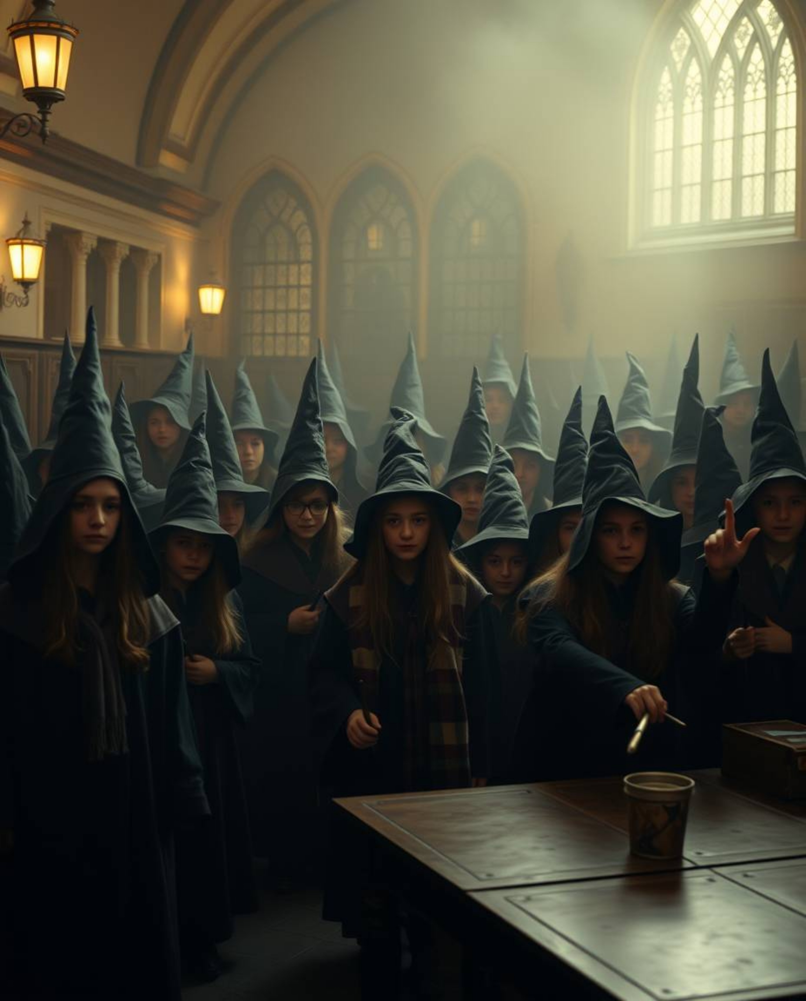 Discover a captivating fine art photograph depicting a magical school brimming with young wizards.  The image features warm, 