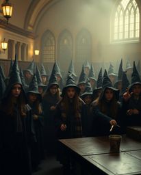 Discover a captivating fine art photograph depicting a magical school brimming with young wizards.  The image features warm, 