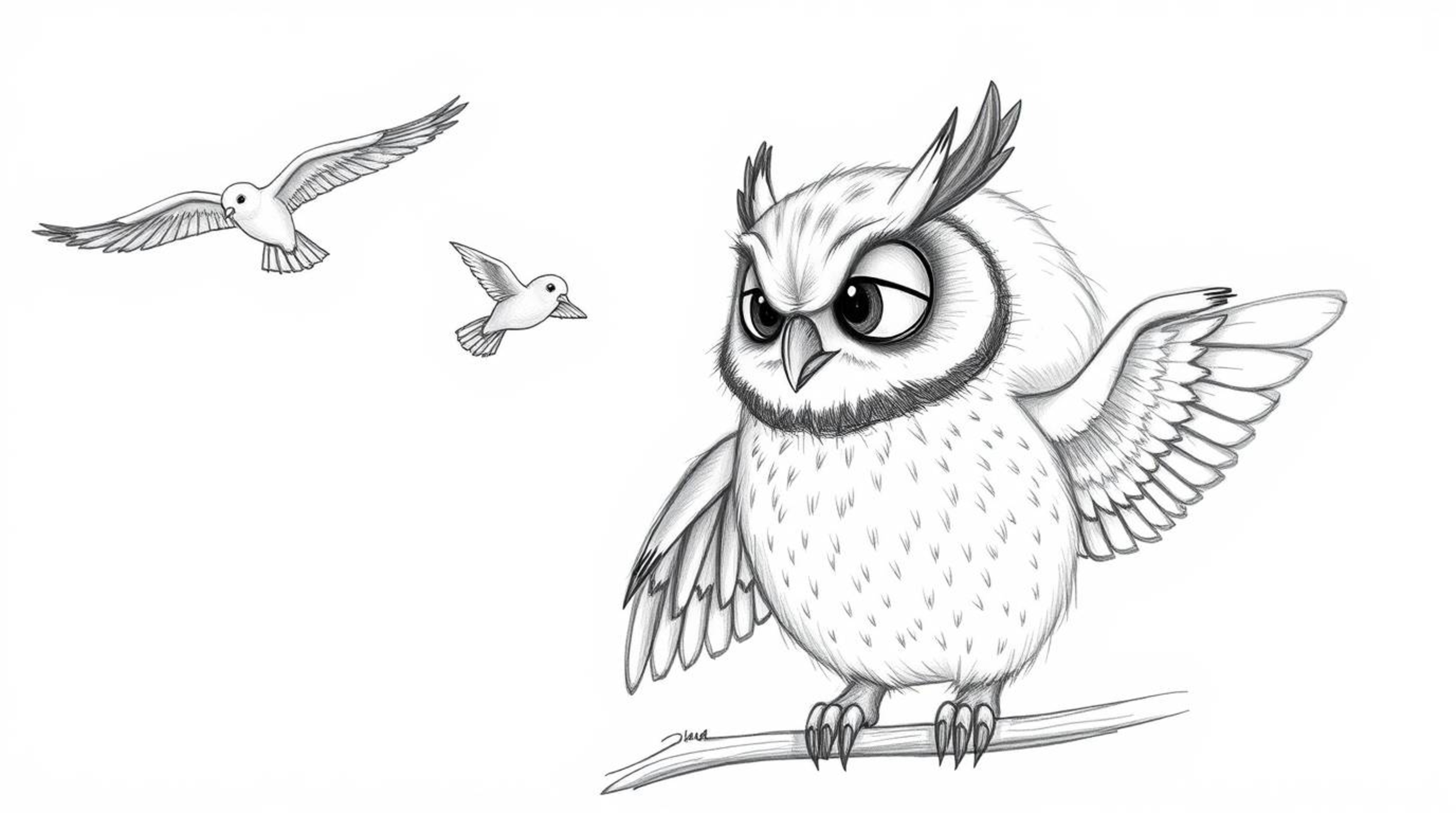 A textured pencil sketch depicts a heartwarming scene of a blind owl teaching birds to fly, rendered in a Pixar style with ro
