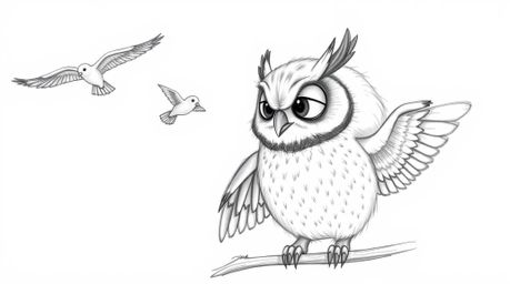 A textured pencil sketch depicts a heartwarming scene of a blind owl teaching birds to fly, rendered in a Pixar style with ro