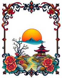 Experience a serene Zen garden at sunset, reimagined as a symbolic traditional tattoo art print. This bold and graphic design