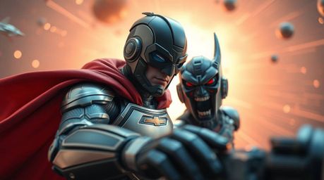 Experience a futuristic sci-fi world in extreme macro close-up, capturing the epic battle between a caped superhero and a sil
