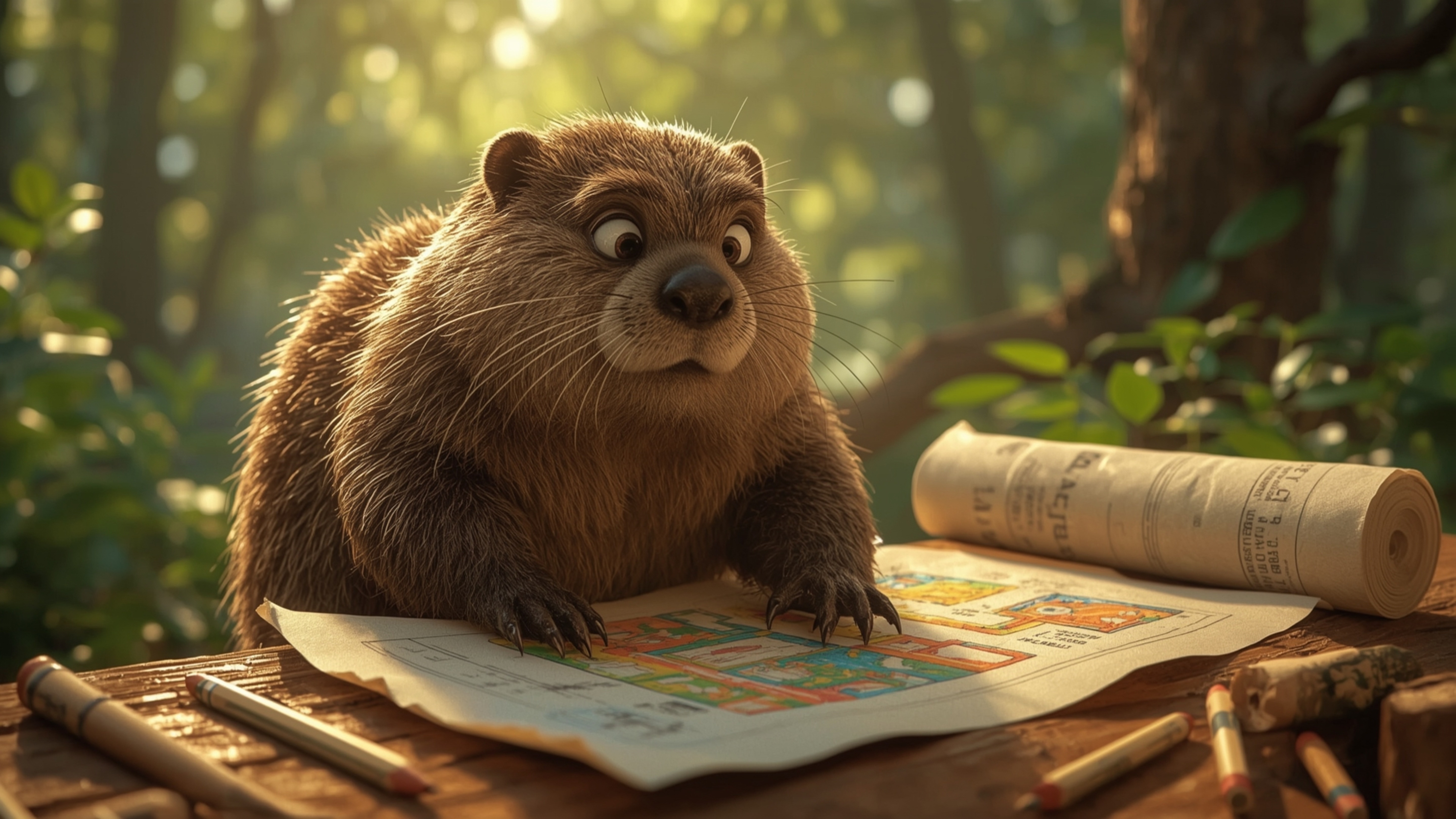 A highly detailed, high-resolution stock photo captures a beaver with a gentle, kind face and sparkling eyes, busily building