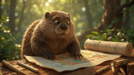 A highly detailed, high-resolution stock photo captures a beaver with a gentle, kind face and sparkling eyes, busily building
