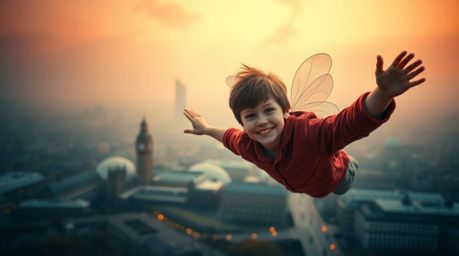 A captivating cinematic scene depicting a young boy soaring above the London skyline, enveloped in magical pixie dust.  The i