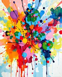 This artwork showcases a classic oil painting style with a vibrant twist, depicting colorful watercolor splashes that blend t