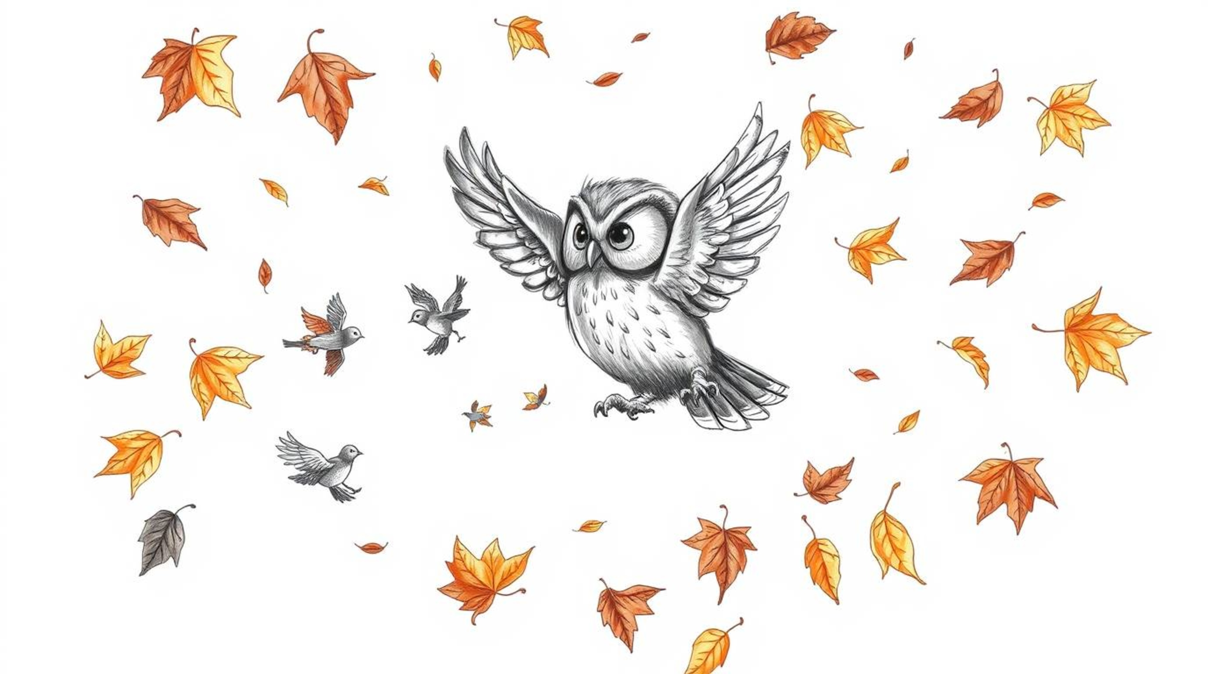 A Pixar-style, hand-drawn sketch depicts a blind owl with intricate, soft pencil textures, acting as a guide for small birds 
