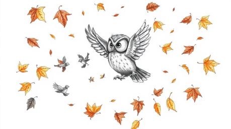 A Pixar-style, hand-drawn sketch depicts a blind owl with intricate, soft pencil textures, acting as a guide for small birds 