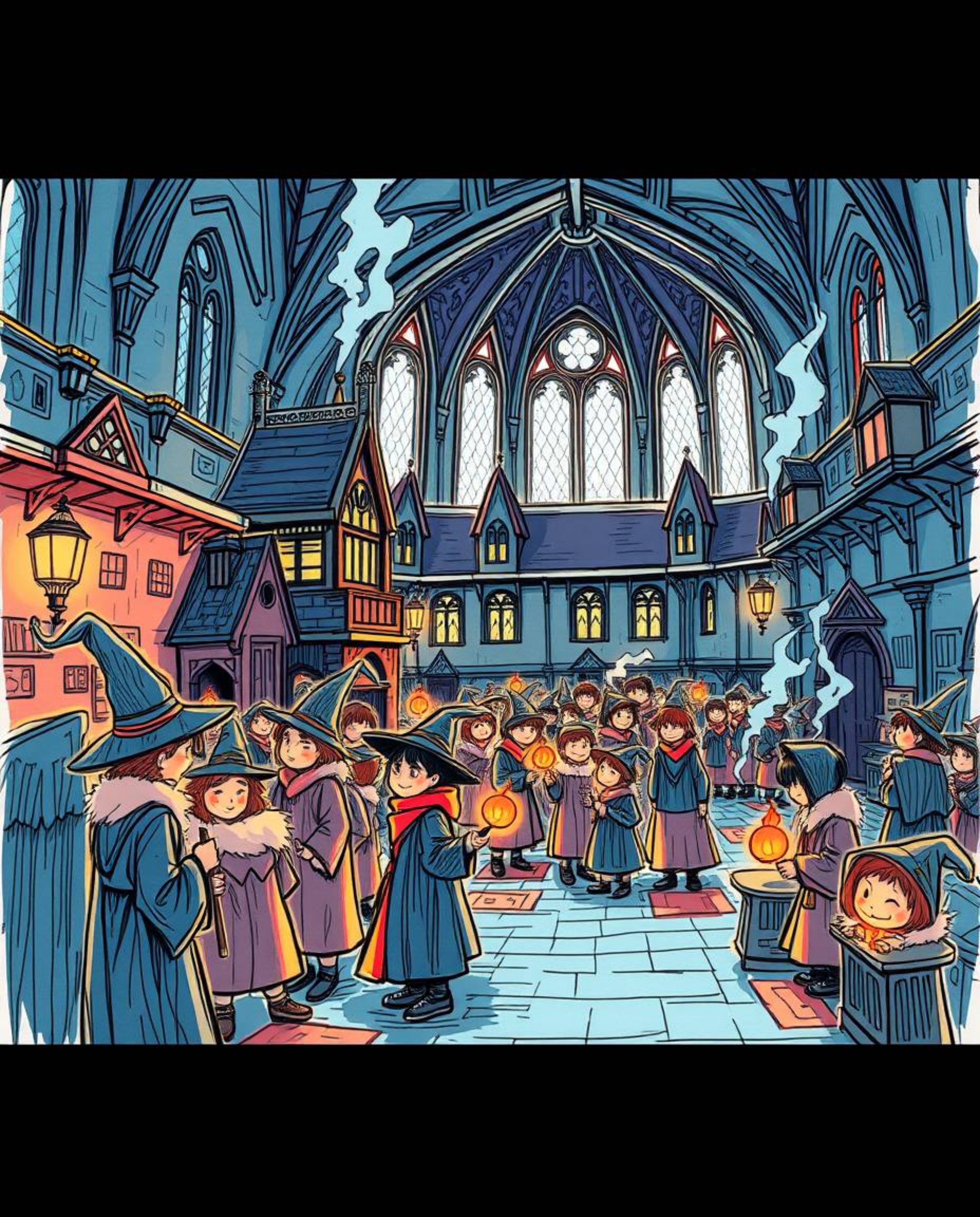 A captivating hand-drawn sketch depicts a magical school brimming with young wizards.  Rendered in a vibrant color sketchnote