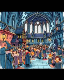 A captivating hand-drawn sketch depicts a magical school brimming with young wizards.  Rendered in a vibrant color sketchnote
