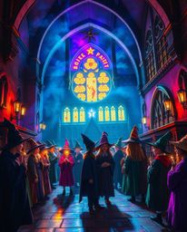 Explore a captivating magical school teeming with young wizards, brought to life with vibrant contrasting colors and dramatic