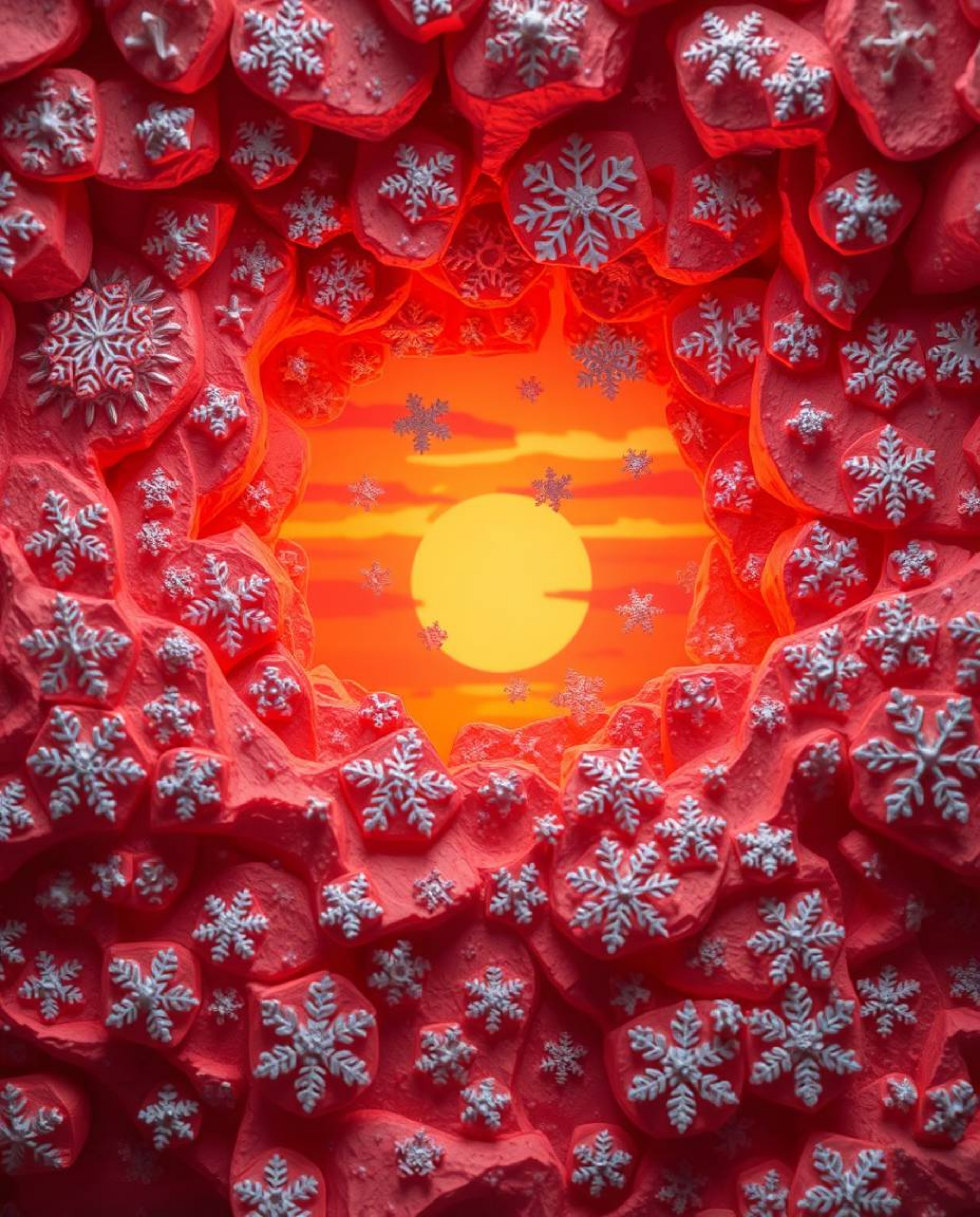 An overhead bird's-eye view reveals a unique artwork created from sculpted and textured layers of papier-mâché. The piece viv