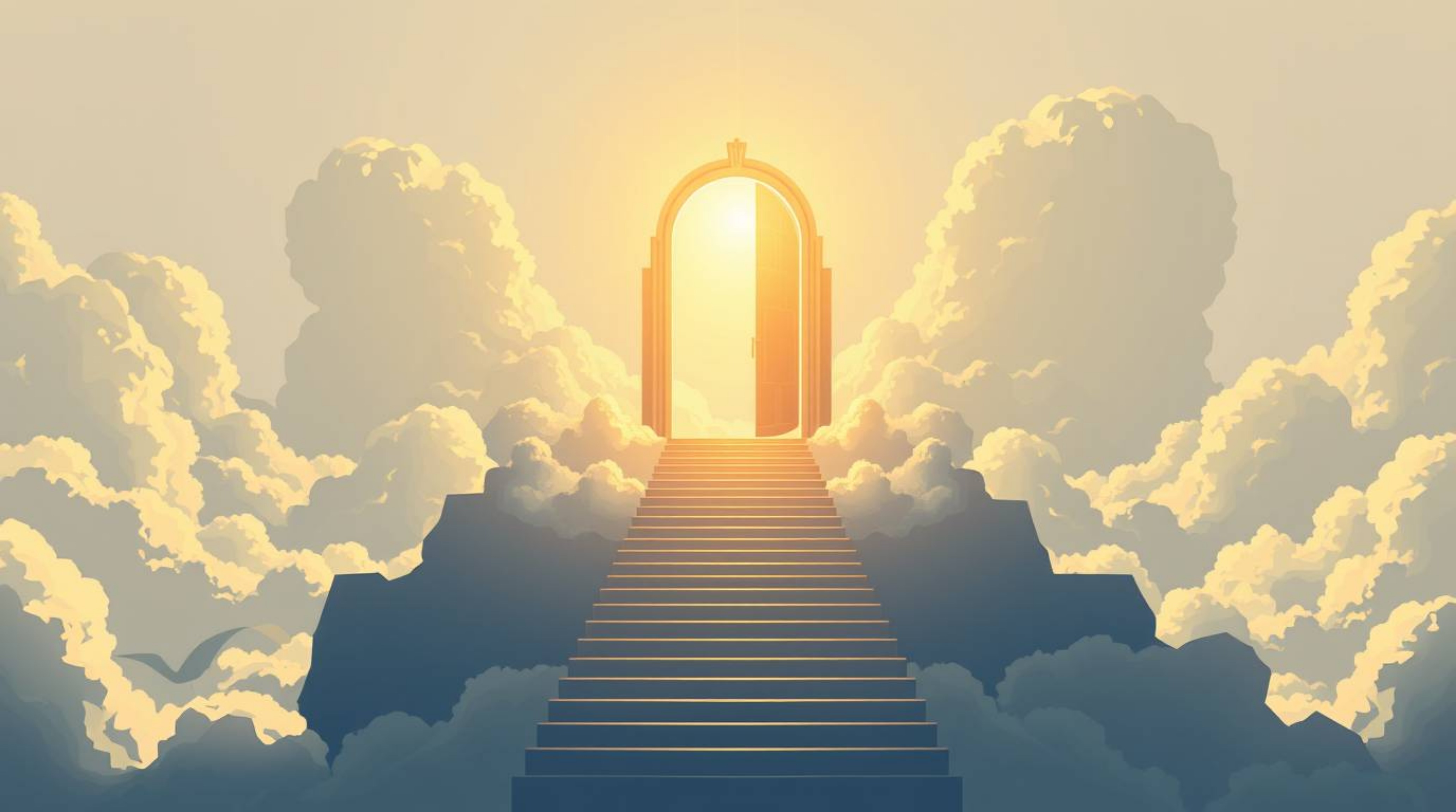A stunning modern flat design illustration featuring a heavenly gate suspended above the clouds, complete with stairs leading