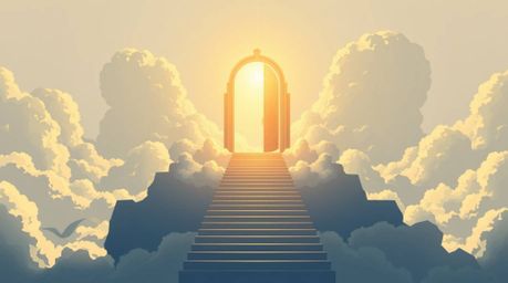 A stunning modern flat design illustration featuring a heavenly gate suspended above the clouds, complete with stairs leading