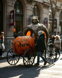A candid street photograph captures a magical pumpkin's transformation into a carriage, bathed in gentle, soft light. Diffuse